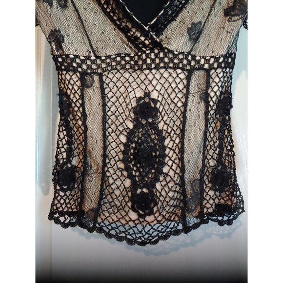 Black Crochet/Beaded Babydoll Y2k Top Dolce Cabo Rocker Metal Grunge Trash Goth - Picture 7 of 12